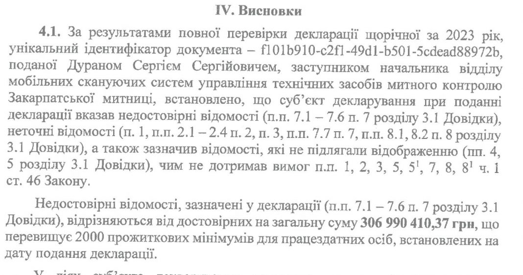 Митник із Закарпаття приховав у декларації 307 мільйонів гривень